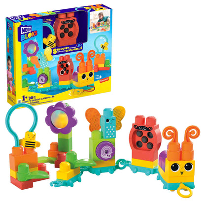 MEGA BLOKS Fisher-Price Sensory Building Blocks Toy, Move n Groove Caterpillar Train with 30 Pieces and Pull String, Toddlers Age 1+ Years, HKN44