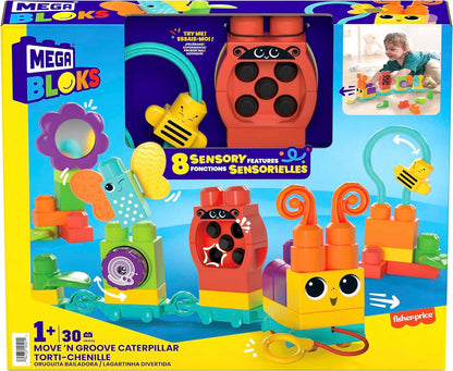 MEGA BLOKS Fisher-Price Sensory Building Blocks Toy, Move n Groove Caterpillar Train with 30 Pieces and Pull String, Toddlers Age 1+ Years, HKN44