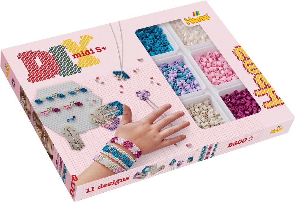 Hama Perlen 3712 Perles de Repasser Boîte Cadeau Bijoux avec Environ 2400 Perles MIDI Comprend Modèle de Plaque Hexagonale en Papier de Repassage Accessoires Cheveux pour Enfants de 5 Ans et Plus