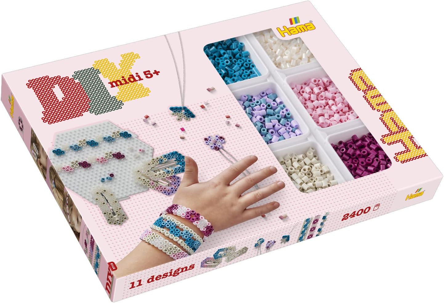 Hama Perlen 3712 Perles de Repasser Boîte Cadeau Bijoux avec Environ 2400 Perles MIDI Comprend Modèle de Plaque Hexagonale en Papier de Repassage Accessoires Cheveux pour Enfants de 5 Ans et Plus