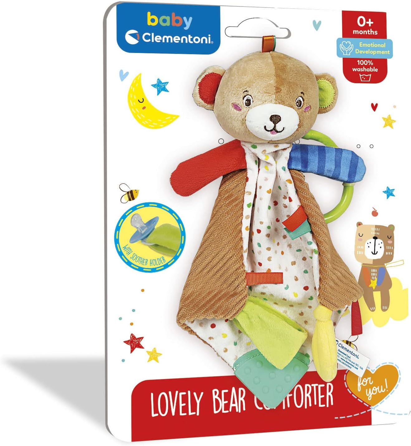 Clementoni - Lovely Bear Comforter-Doudou, Safety Cover, Baby Plush Bear, Baby Toy 0-36 Months-100% Washable, Multi-Colour, 17786