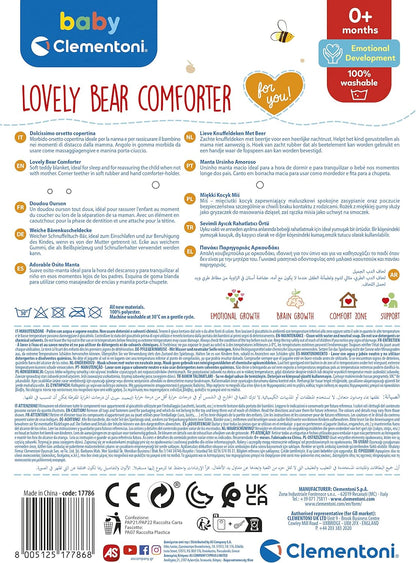 Clementoni - Lovely Bear Comforter-Doudou, Safety Cover, Baby Plush Bear, Baby Toy 0-36 Months-100% Washable, Multi-Colour, 17786
