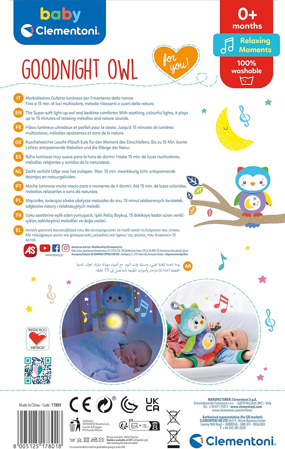Clementoni 17801 Good Owl-Interactive Baby Plush, Night, Lights and Sound, Kids Toy 0-36 Months, Multi-Coloured
