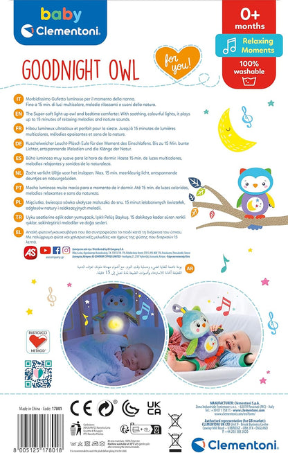 Clementoni 17801 Good Owl-Interactive Baby Plush, Night, Lights and Sound, Kids Toy 0-36 Months, Multi-Coloured
