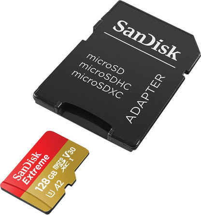 SanDisk Extreme microSDXC UHS-I Speicherkarte 128 GB für Actioncams und Drohnen + Adapter + RescuePRO Deluxe (bis zu 190 MB/s, A2, Class 10, U3, V30) (Packung mit 2