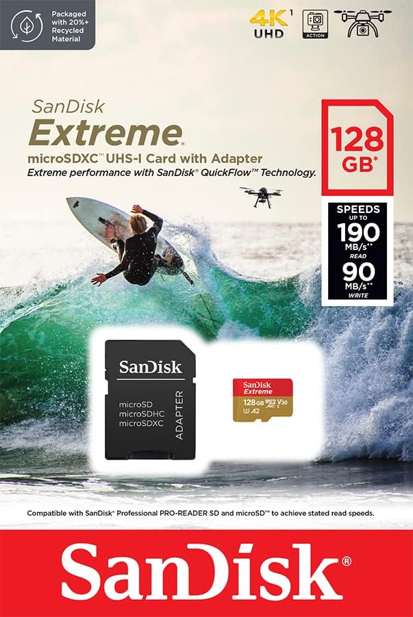 SanDisk Extreme microSDXC UHS-I Speicherkarte 128 GB für Actioncams und Drohnen + Adapter + RescuePRO Deluxe (bis zu 190 MB/s, A2, Class 10, U3, V30) (Packung mit 2