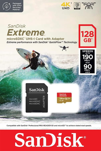 SanDisk Extreme microSDXC UHS-I Speicherkarte 128 GB für Actioncams und Drohnen + Adapter + RescuePRO Deluxe (bis zu 190 MB/s, A2, Class 10, U3, V30) (Packung mit 2