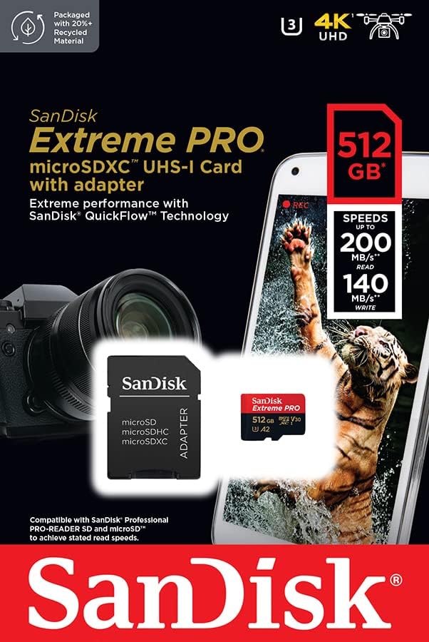 SanDisk Extreme PRO 512 GB MicroSDXC UHS‐I‐Kaart Met SD-Adapter (A2 App Performance, 2 Jaar RescuePRO Deluxe Software, Leessnelheden Tot 200 MB/s, Class 10, UHS-I, U3, V30, 30 Jaar Garantie) Zwart