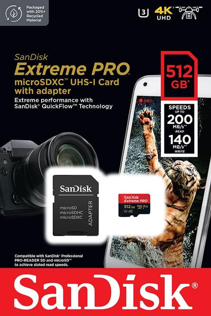 SanDisk Extreme PRO 512 GB MicroSDXC UHS‐I‐Kaart Met SD-Adapter (A2 App Performance, 2 Jaar RescuePRO Deluxe Software, Leessnelheden Tot 200 MB/s, Class 10, UHS-I, U3, V30, 30 Jaar Garantie) Zwart