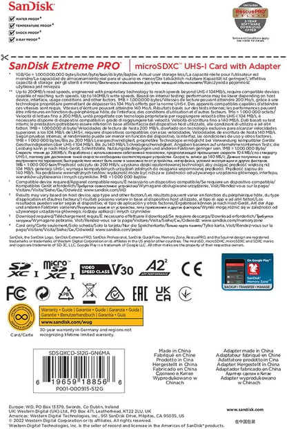 SanDisk Extreme PRO 512 GB MicroSDXC UHS‐I‐Kaart Met SD-Adapter (A2 App Performance, 2 Jaar RescuePRO Deluxe Software, Leessnelheden Tot 200 MB/s, Class 10, UHS-I, U3, V30, 30 Jaar Garantie) Zwart