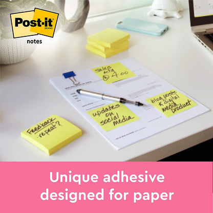 Post-it Notes Canary Yellow, Pack of 12 Pads, 100 Sheets per Pad, 76 mm x 76 mm, Yellow Color - Self-stick Notes For Note Taking, To Do Lists & Reminders
