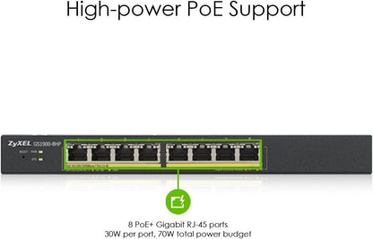 Zyxel 8-Port Gigabit PoE Switch | Smart Managed | Desktop/Wallmount and Fanless | 8 PoE+ Ports with 70 Watt Budget | VLAN, IGMP, QoS | Lifetime Warranty
