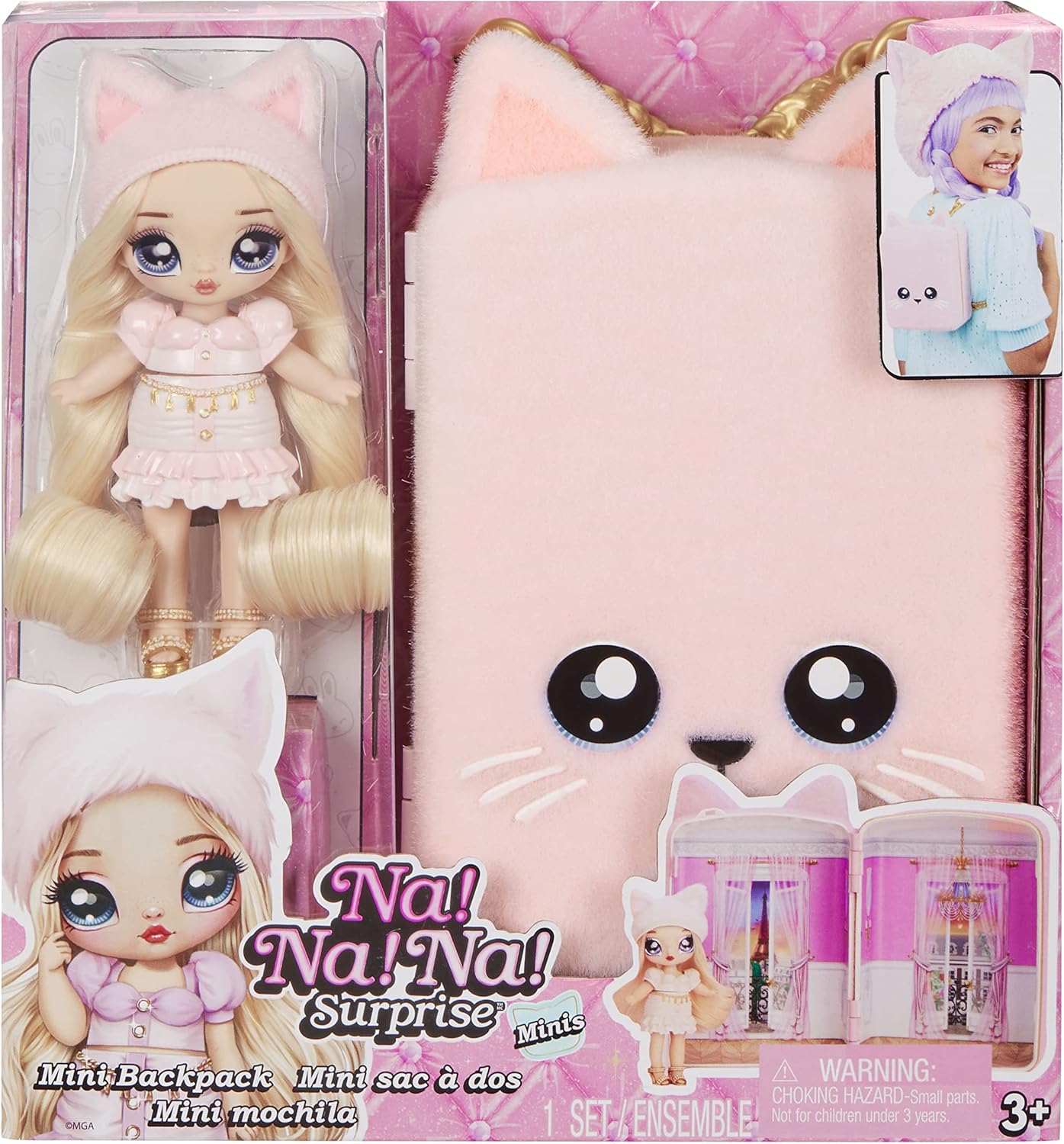 Na! Na! Na! Surprise Mini Backpack con la Muñeca de Moda Amelie Laurent - Mochila Gatito Rosa - para Coleccionistas y Niños de 5+ Años