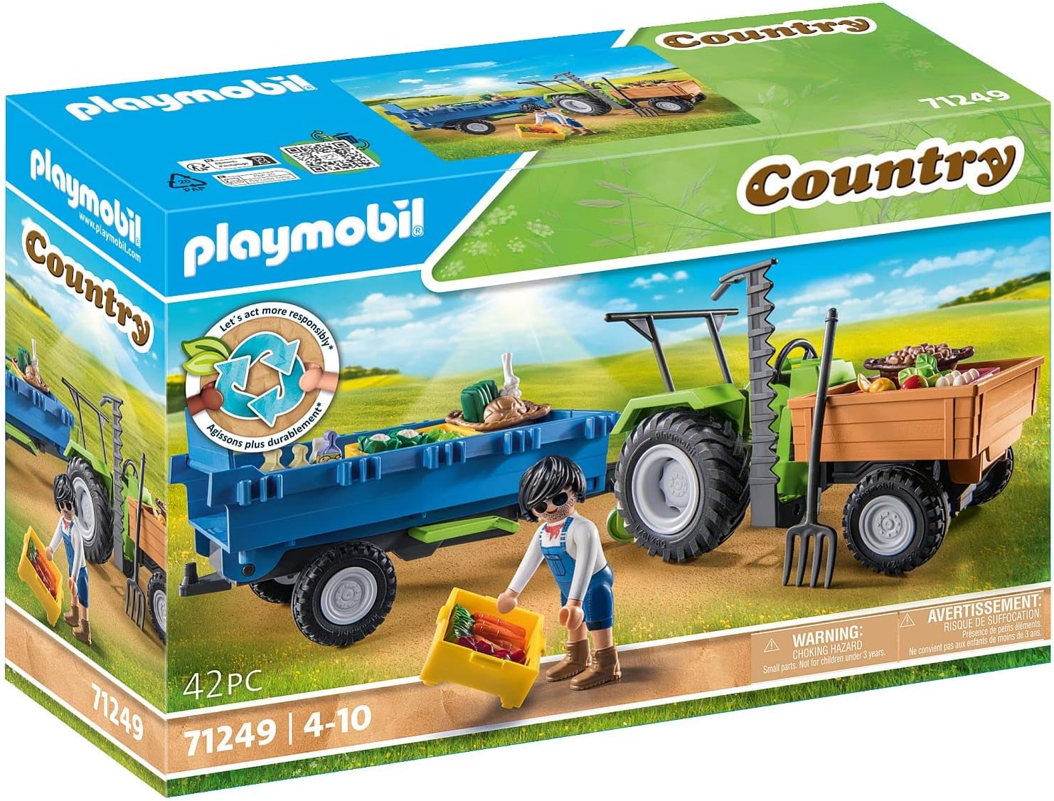 Playmobil 71249 Country Tractor with Harvesting Trailer, farm animal play sets, sustainable toys, fun imaginative role play, playsets suitable for children ages 4+