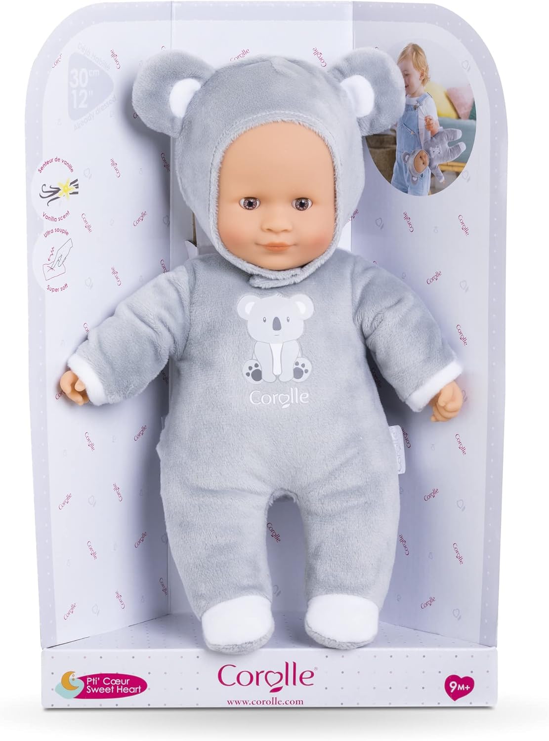 Corolle Sweetheart Koala Doll, Soft Body Doll with Hood, Name Label, Vanilla Fragrance, 30 cm, from 9 Months