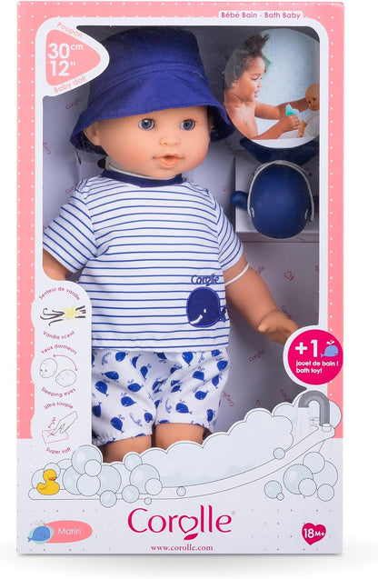 Corolle Ma Premier Poupon Bath Boy Marin, Soft Body Bath Doll with Bath Animal, Sleeping Eyes, Vanilla Fragrance, Removable Clothes, 30 cm, from 18 Months