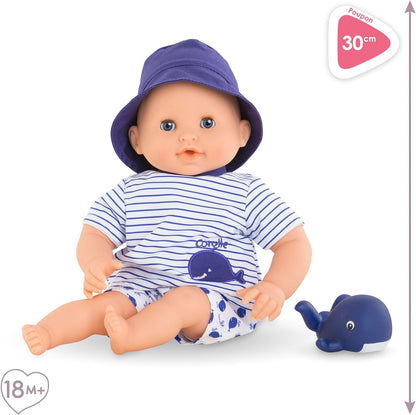 Corolle Ma Premier Poupon Bath Boy Marin, Soft Body Bath Doll with Bath Animal, Sleeping Eyes, Vanilla Fragrance, Removable Clothes, 30 cm, from 18 Months