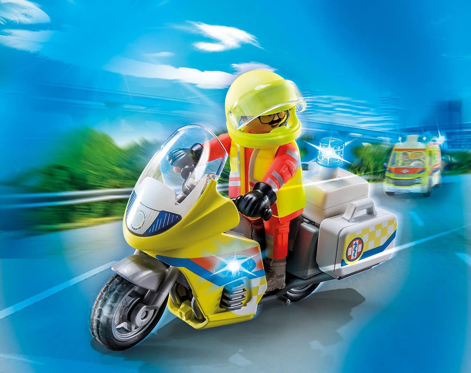 Playmobil 71205 Rescue - Emergency Motorcycle with Flashing Lights, emergency services toy set,emergency vehicle,child's rescue toy playset suitable for ages 4+