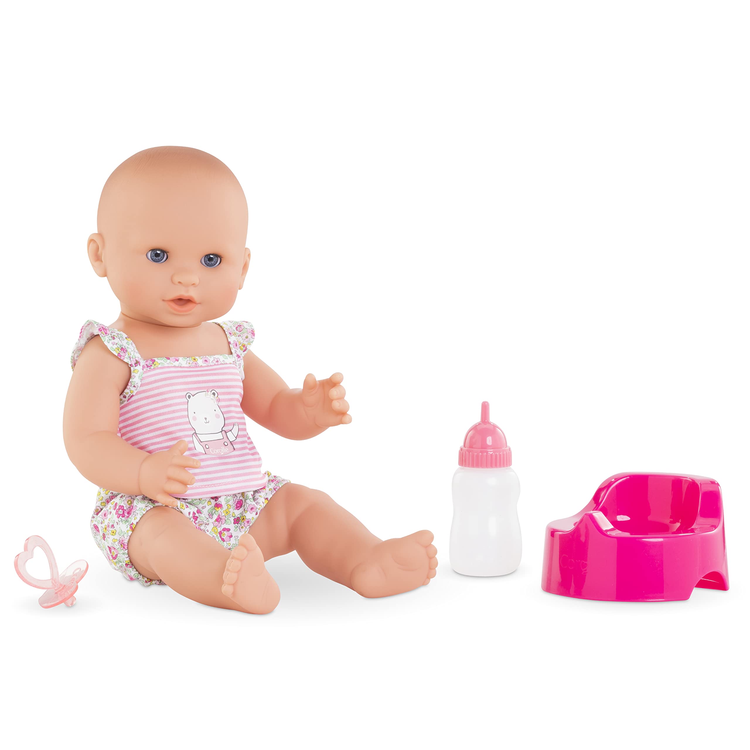 Corolle Emma Trink und Näss Badebaby, Vollvinylpuppe mit Schlafaugen, Trink und Nässfunktion, Schnuller, Flasche, Töpfchen, Vanilleduft, 36cm, ab 2 Jahren