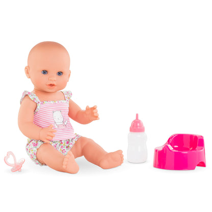 Corolle Emma Trink und Näss Badebaby, Vollvinylpuppe mit Schlafaugen, Trink und Nässfunktion, Schnuller, Flasche, Töpfchen, Vanilleduft, 36cm, ab 2 Jahren