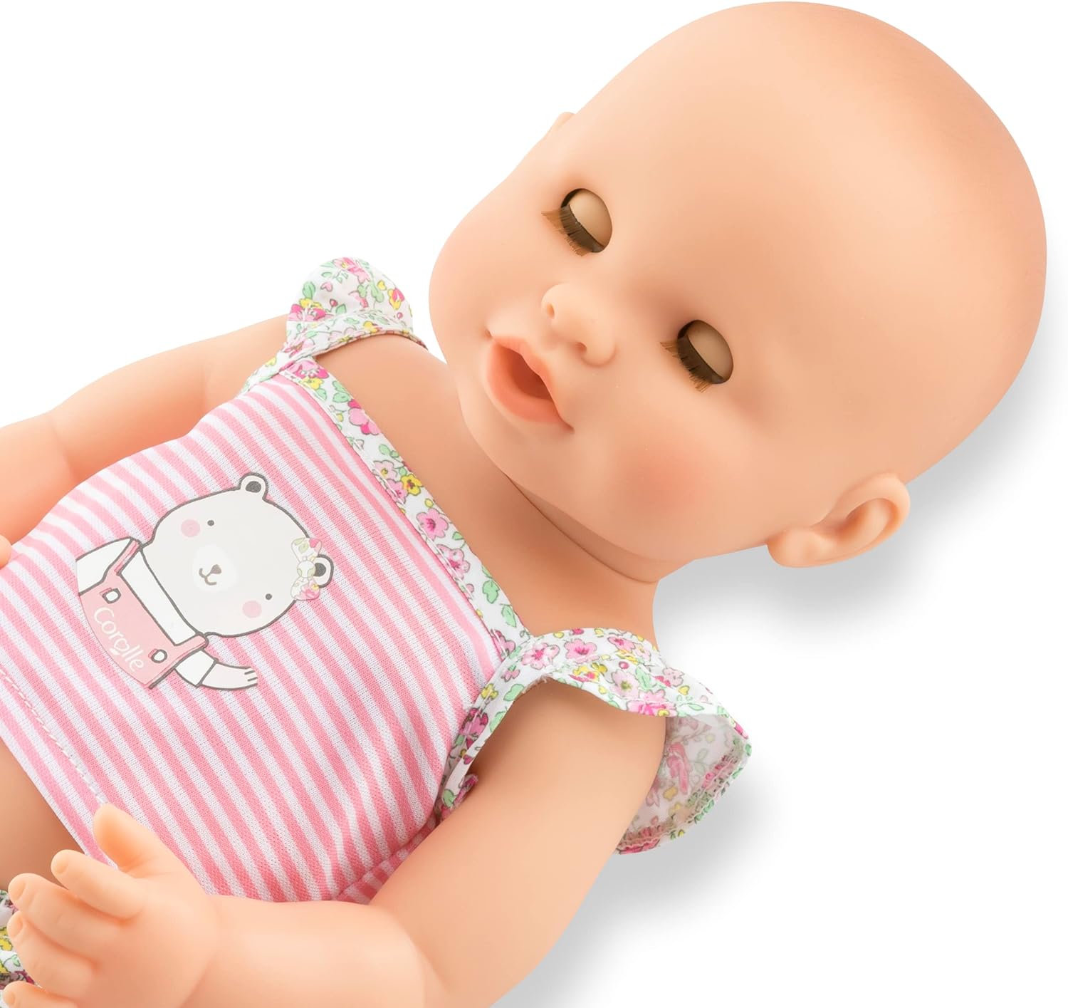 Corolle Emma Trink und Näss Badebaby, Vollvinylpuppe mit Schlafaugen, Trink und Nässfunktion, Schnuller, Flasche, Töpfchen, Vanilleduft, 36cm, ab 2 Jahren