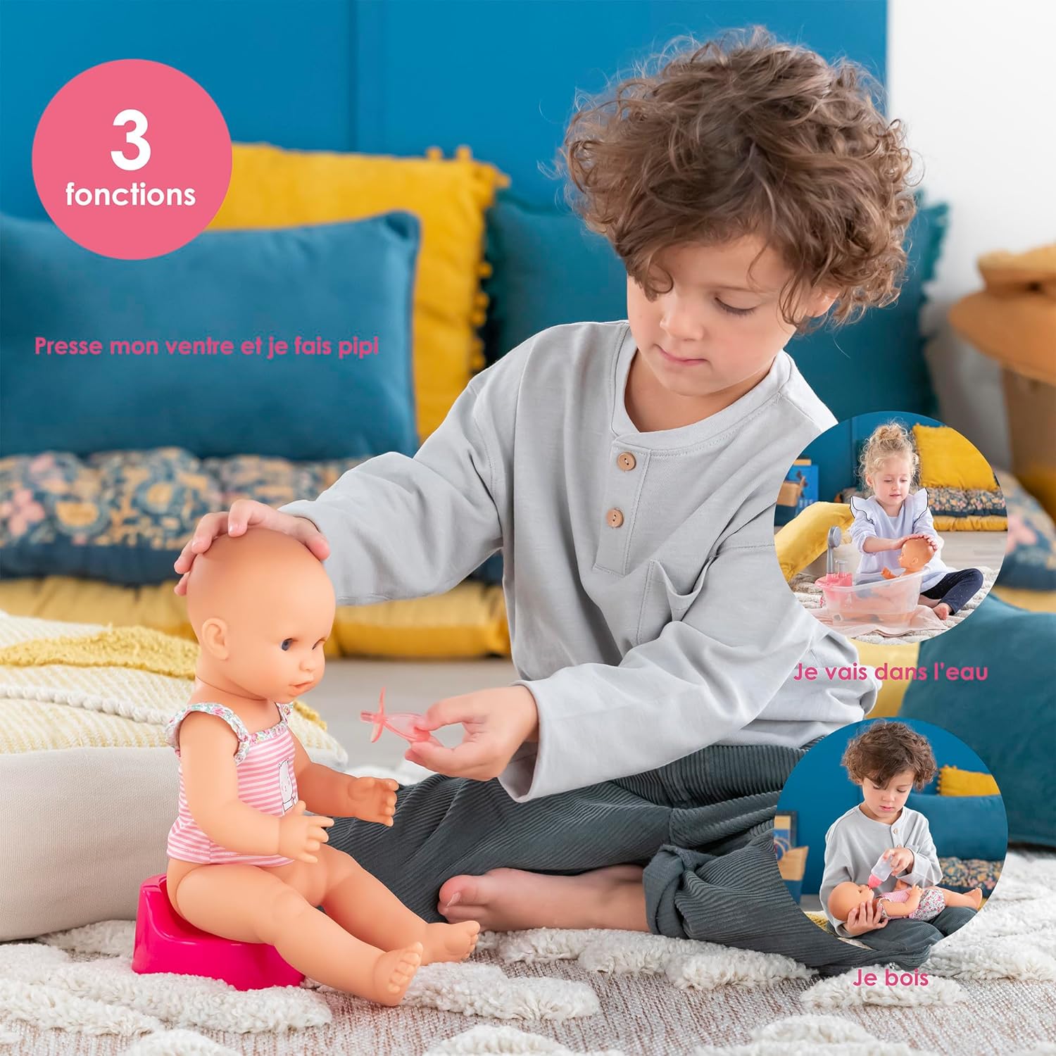 Corolle Emma Trink und Näss Badebaby, Vollvinylpuppe mit Schlafaugen, Trink und Nässfunktion, Schnuller, Flasche, Töpfchen, Vanilleduft, 36cm, ab 2 Jahren