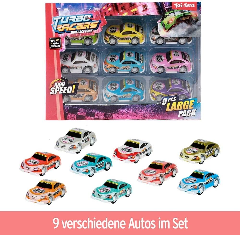 BEMIRO Turbo Racers raceauto speelgoed met terugtrek- set van 9, speelgoedauto met terugtrekmotor, cadeautje voor jongens en kinderen, speelgoed auto