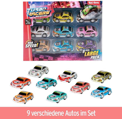 BEMIRO Turbo Racers raceauto speelgoed met terugtrek- set van 9, speelgoedauto met terugtrekmotor, cadeautje voor jongens en kinderen, speelgoed auto