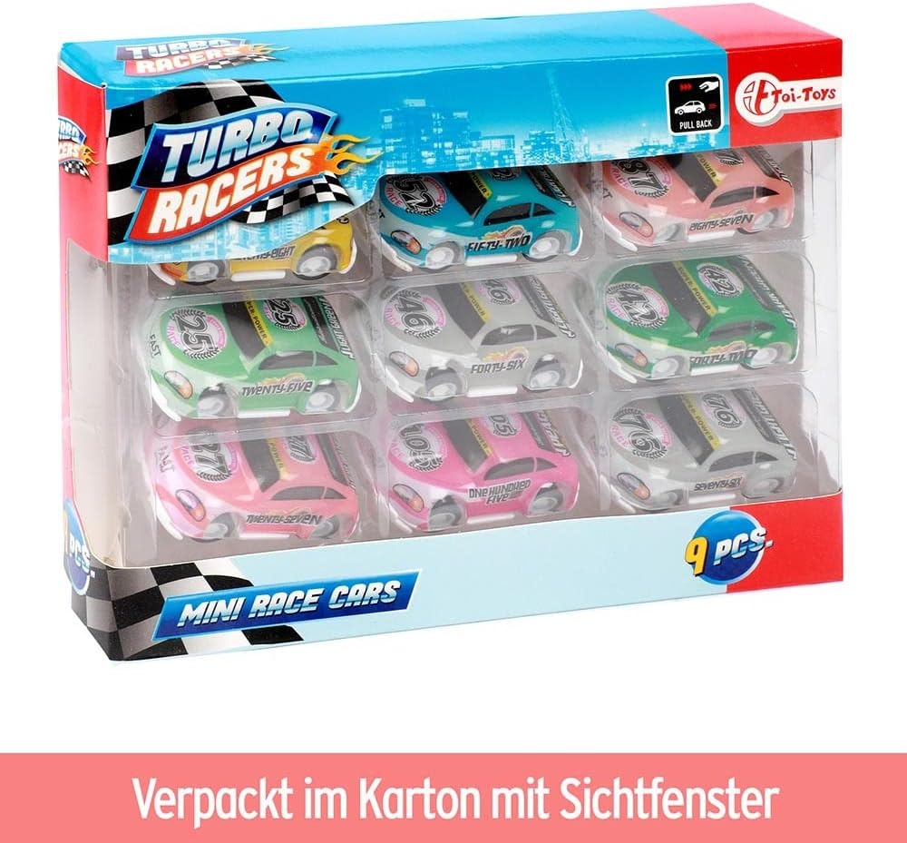 BEMIRO Turbo Racers raceauto speelgoed met terugtrek- set van 9, speelgoedauto met terugtrekmotor, cadeautje voor jongens en kinderen, speelgoed auto