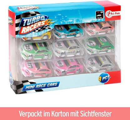 BEMIRO Turbo Racers raceauto speelgoed met terugtrek- set van 9, speelgoedauto met terugtrekmotor, cadeautje voor jongens en kinderen, speelgoed auto