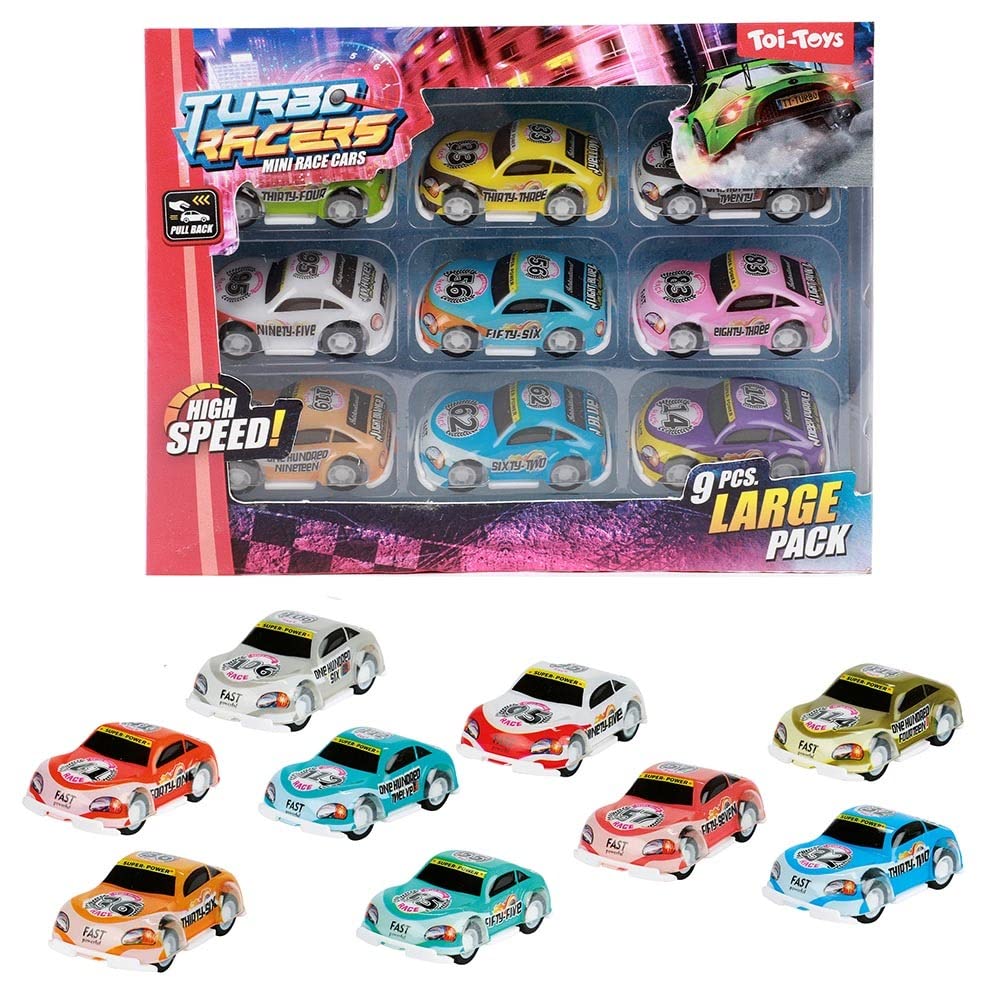 BEMIRO Turbo Racers raceauto speelgoed met terugtrek- set van 9, speelgoedauto met terugtrekmotor, cadeautje voor jongens en kinderen, speelgoed auto
