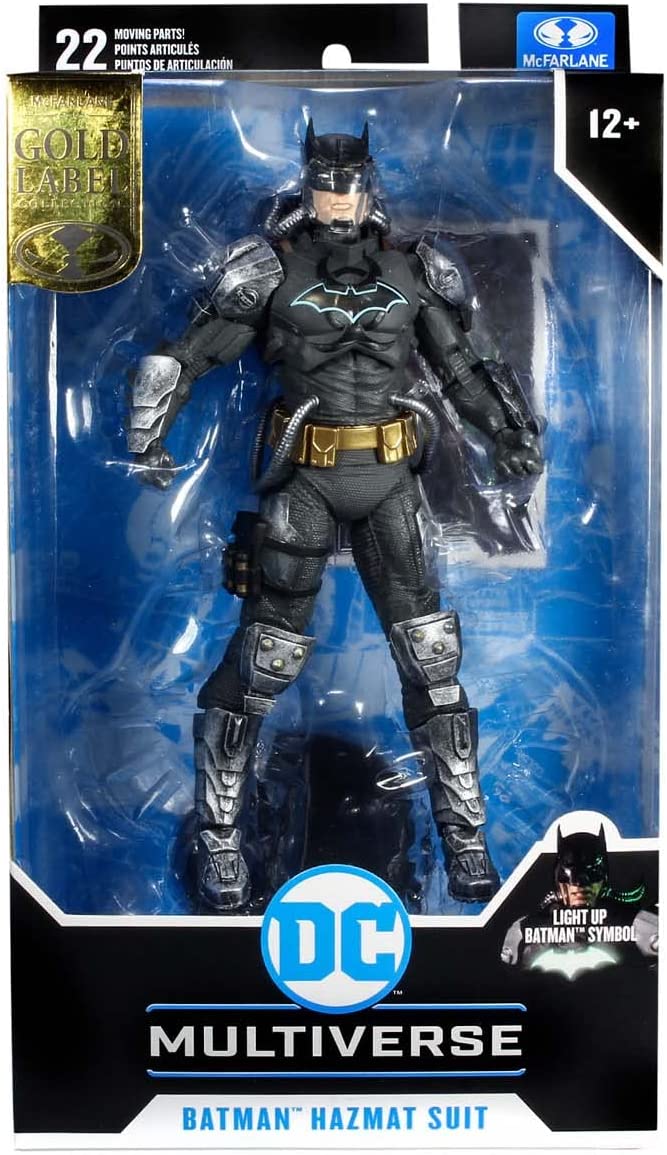 McFarlane Toys, DC Multiverse Batman Hazmat Suit Gold Label 7-inch Action Figure with Light up Logo, Collectible DC Batman Figure with Unique Collector Character Card – Ages 12+