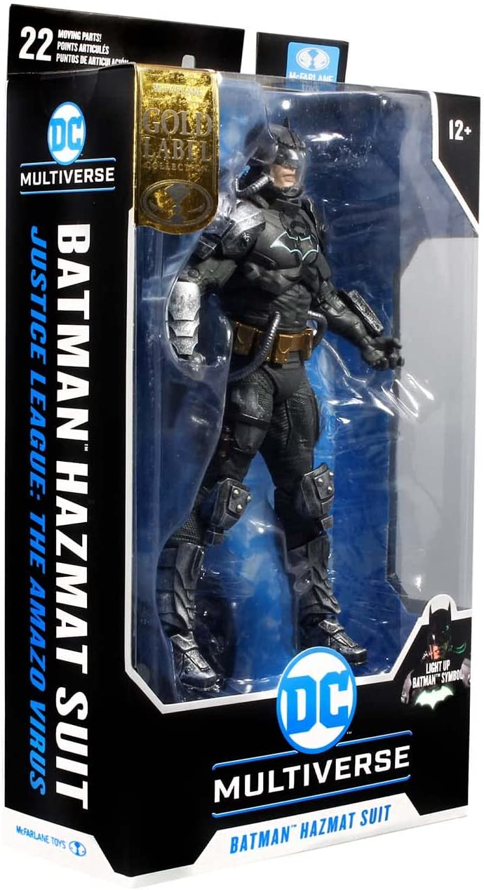 McFarlane Toys, DC Multiverse Batman Hazmat Suit Gold Label 7-inch Action Figure with Light up Logo, Collectible DC Batman Figure with Unique Collector Character Card – Ages 12+