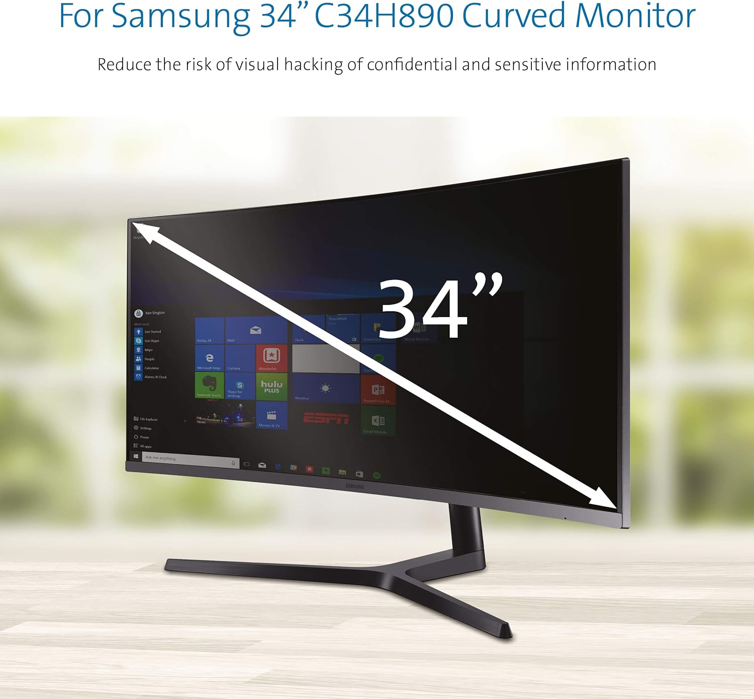 Kensington Samsung C34H890 Curved Monitor Screen Privacy Filter 34 Inch Inch - 2 Way Removable Protector Hides Confidential Data on Samsung Curved Screen, Reduced Blue Light via Anti-Alare Coating