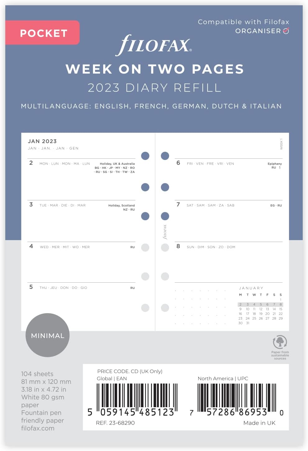 Filofax Pocket Minimal Week on Two Pages 2023 Diary, White (23-68290
