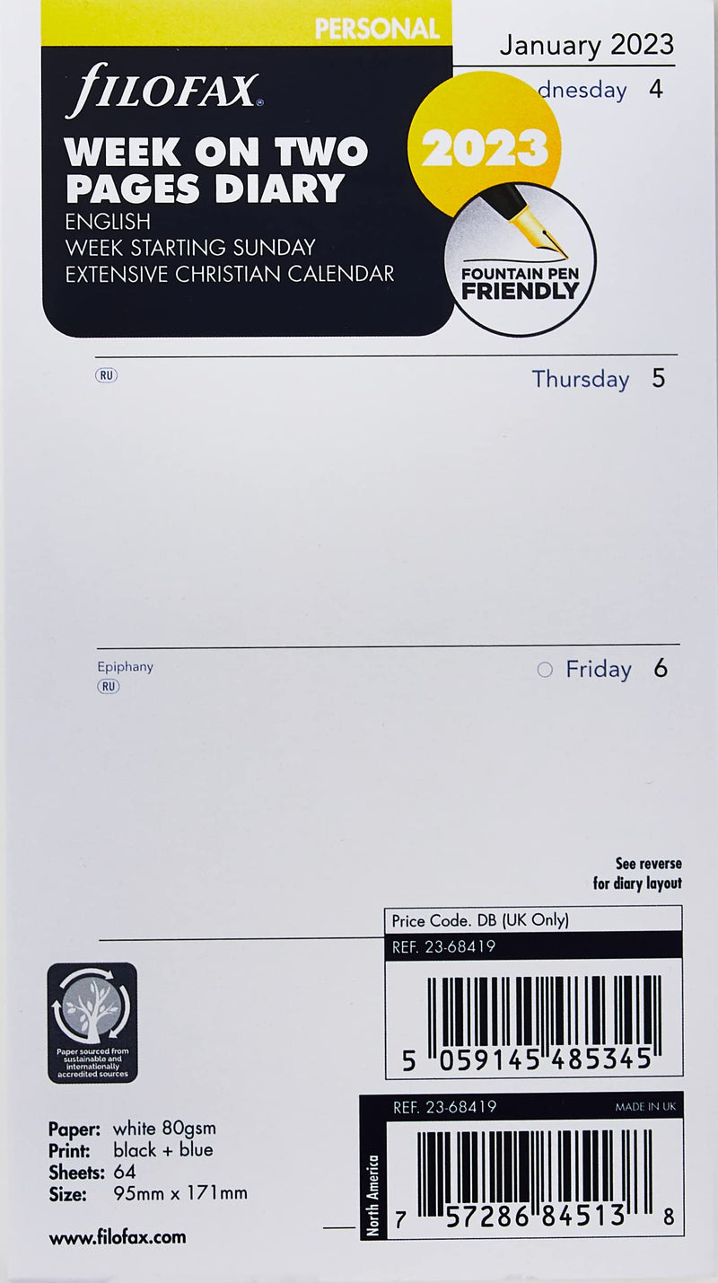 2023 Filofax Personal Week on Two Pages English Sunday Start 223 Diary, White