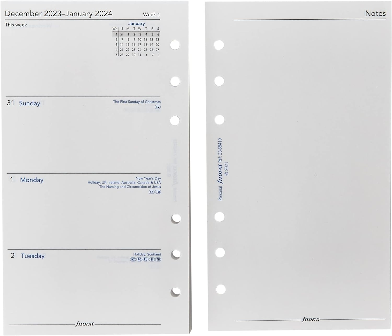 2023 Filofax Personal Week on Two Pages English Sunday Start 223 Diary, White
