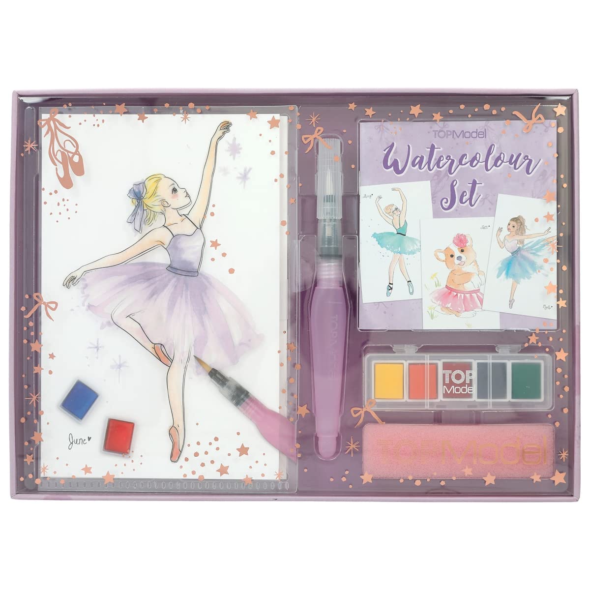 Depesche TOPModel Ballet 12248 Watercolour Paint Set with 20 Sheets Motif Templates on Watercolour Paper, Creative Painting Set with 5 Watercolours, Brush Pen and Sponge
