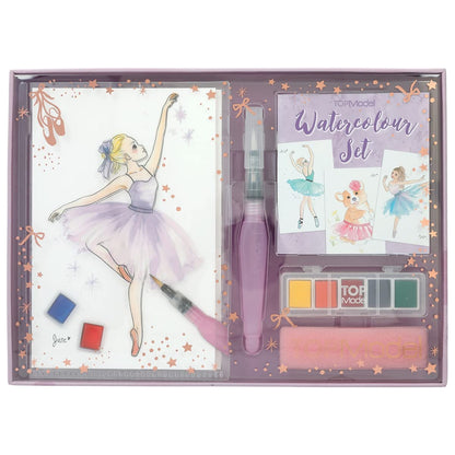 Depesche TOPModel Ballet 12248 Watercolour Paint Set with 20 Sheets Motif Templates on Watercolour Paper, Creative Painting Set with 5 Watercolours, Brush Pen and Sponge