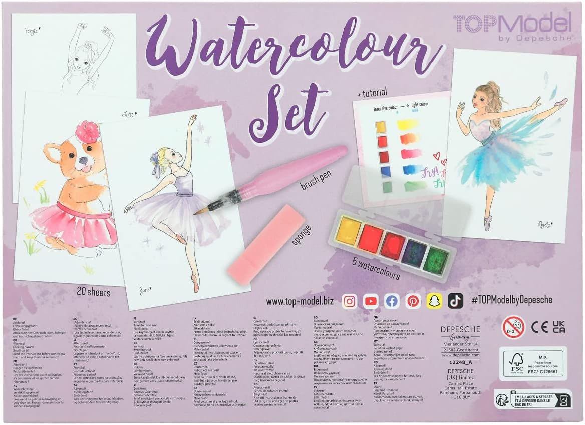 Depesche TOPModel Ballet 12248 Watercolour Paint Set with 20 Sheets Motif Templates on Watercolour Paper, Creative Painting Set with 5 Watercolours, Brush Pen and Sponge