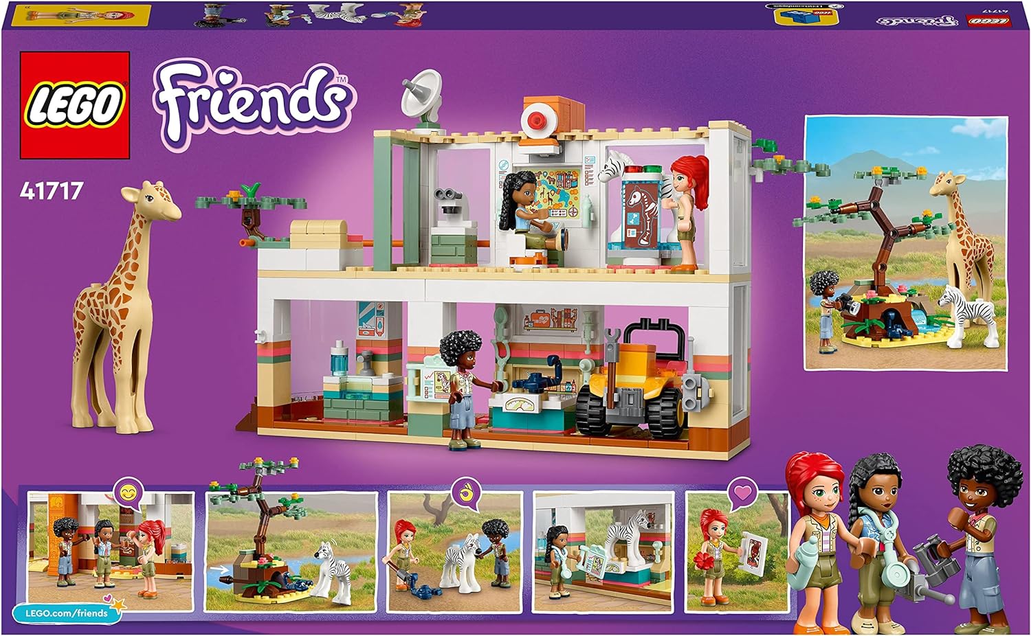 LEGO 41717 Friends Mia's Wildlife Rescue Toy with Zebra and Giraffe Safari Animal Figures plus 3 Mini Dolls, Birthday Gift Idea for Kids, Girls & Boys Age 7 Plus Years Old Standard packaging
