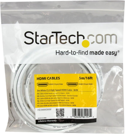 StarTech.com 5m / 16 ft CL3 Rated HDMI Cable w/ Ethernet - In Wall Rated Ultra HD HDMI Cable - 4K 30Hz UHD High Speed HDMI Cable - 10.2 Gbps - HDMI 1.4 Video/Display Cable - 30AWG, White (HD3MM3MW
