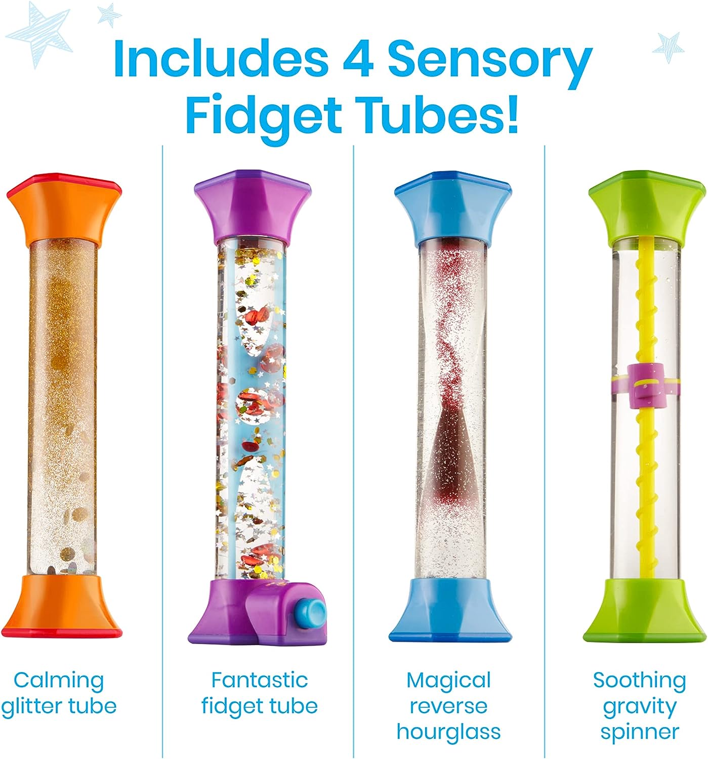 hand2mind Sensory Fidget Tubes, Calming Toys for Kids, Occupational Therapy Toys, Play Therapy, Toddler Sensory Toys, Stress Relief Toy, Comfort Items for Anxiety, Calm Down Corner Supplies (Set of 4
