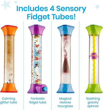 hand2mind Sensory Fidget Tubes, Calming Toys for Kids, Occupational Therapy Toys, Play Therapy, Toddler Sensory Toys, Stress Relief Toy, Comfort Items for Anxiety, Calm Down Corner Supplies (Set of 4
