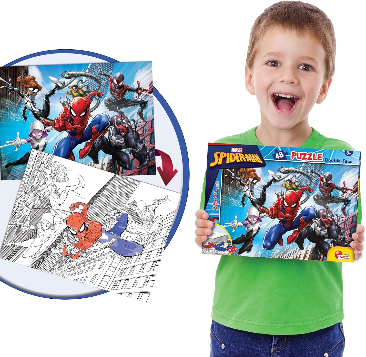 Liscianigiochi - Marvel Puzzle DF, 99627 - Doppelseitiges Puzzle M-Plus 48 Teile - Spiderman - 25x35 cm - Fördert Kreativität, Feinmotorik und Vorstellungskraft