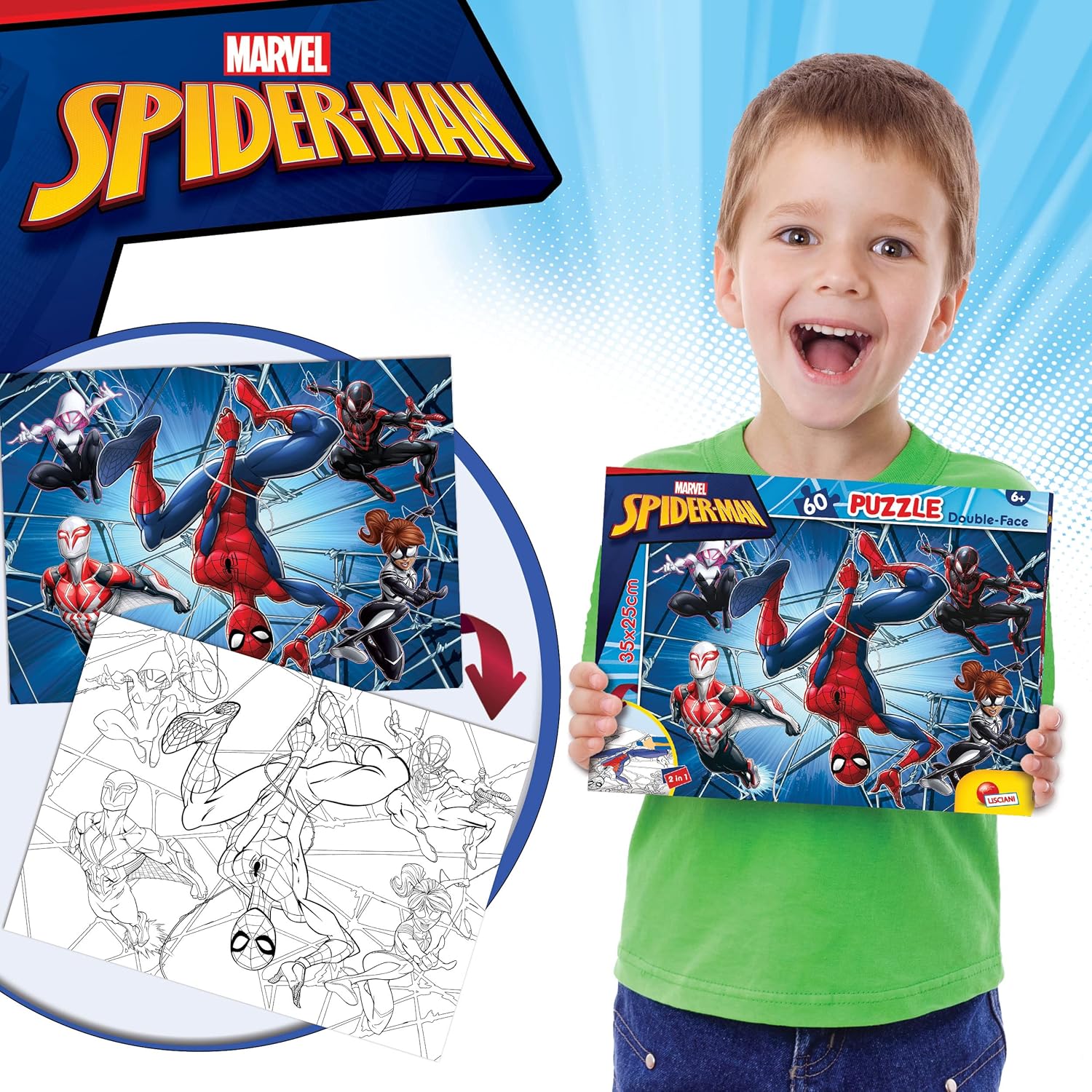 Liscianigiochi - Marvel Puzzle DF, 99634 - Doppelseitiges Puzzle M-Plus 60 Teile - Spiderman - 25x35 cm - Fördert Feinmotorik, Kreativität und Vorstellungskraft