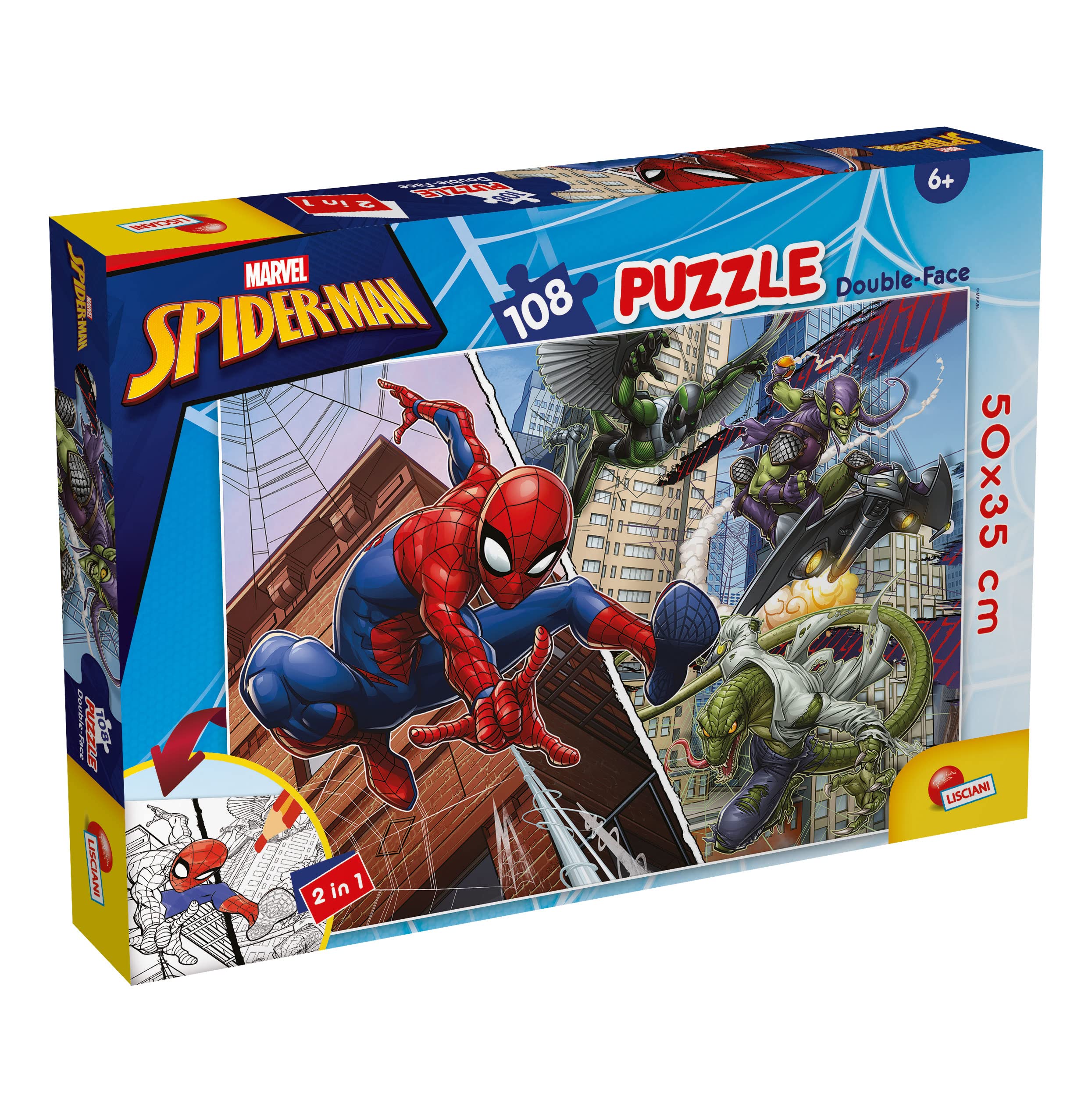 Liscianigiochi - Marvel Puzzle DF Plus 108 Spiderman, Mehrfarbig (99702) - Rekonstruiere und kolorieren die schönsten Szenen deines Lieblingssuperhelden! Marvel Puzzle 108 Teile Spiderman