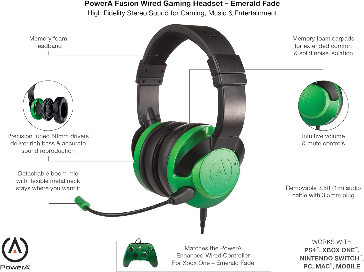 PowerA FUSION Wired Gaming Headset with Mic - Headphones with On-Ear Controls for PC, Xbox, PS4, and Mobile Devices - Emerald Fade Emerald Fade Headset