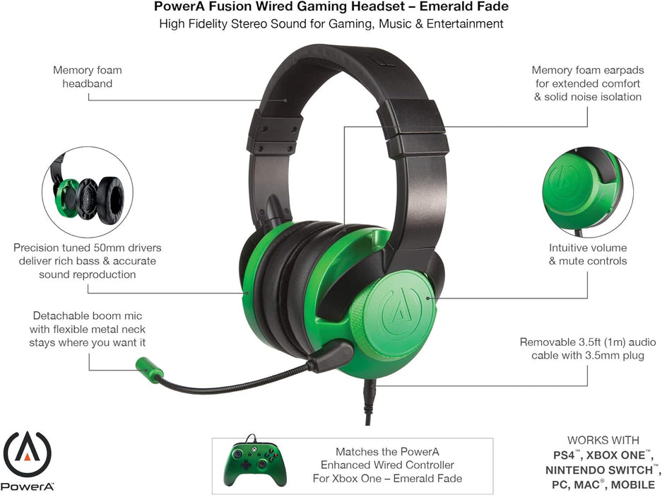 PowerA FUSION Wired Gaming Headset with Mic - Headphones with On-Ear Controls for PC, Xbox, PS4, and Mobile Devices - Emerald Fade Emerald Fade Headset