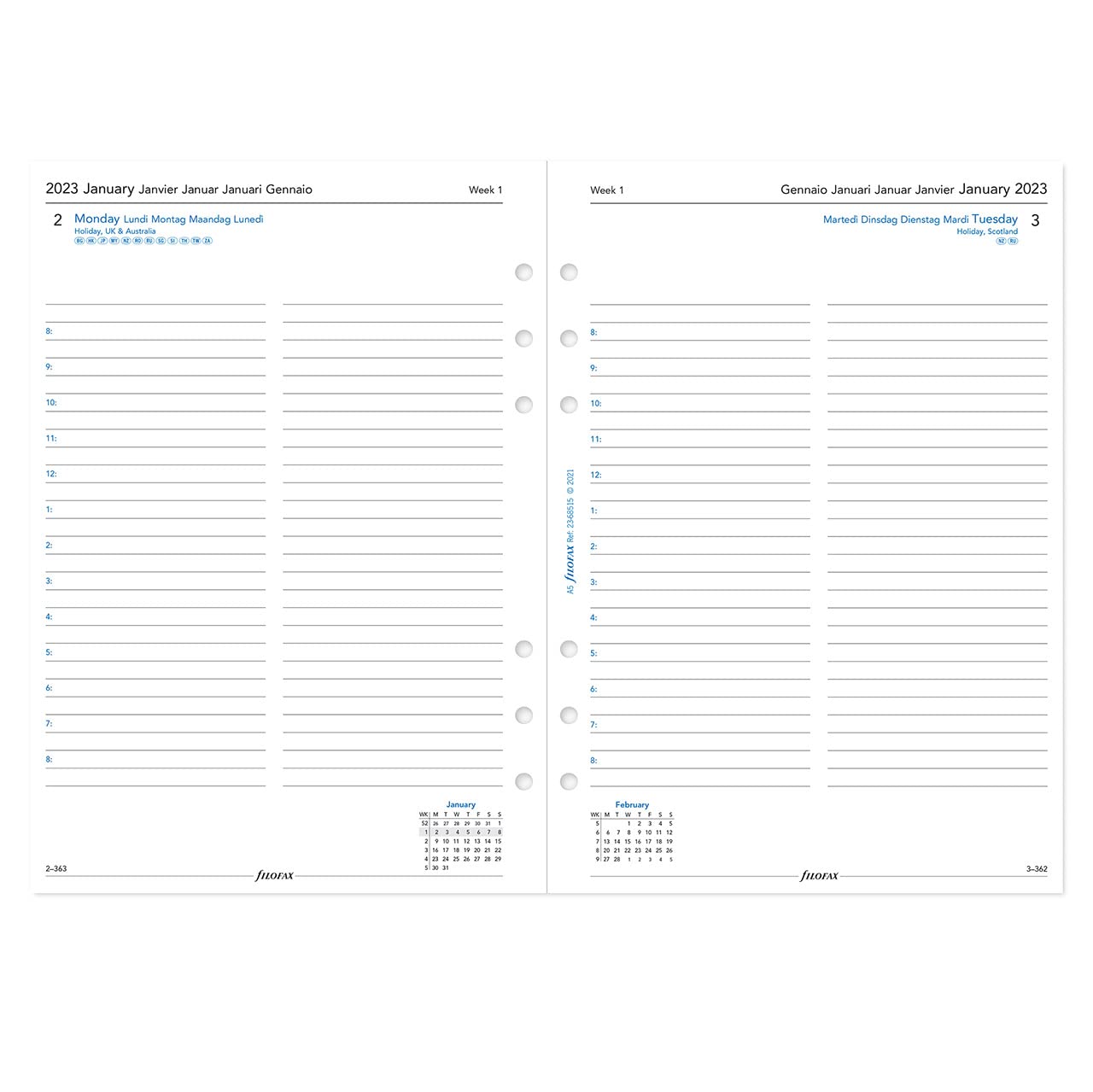 Filofax A5 day per page 5 language appointments diary - 2023, White,23-68515